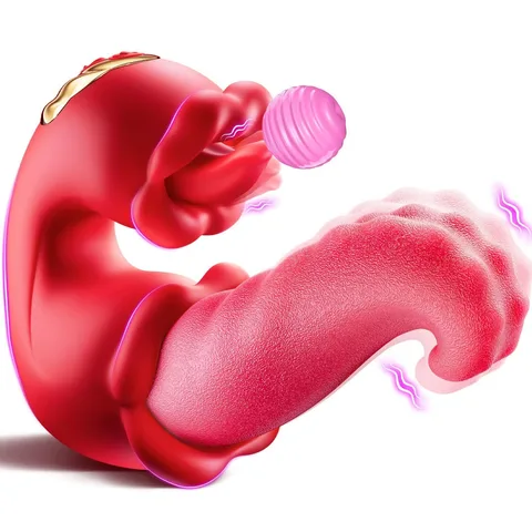 Medusa 3-in-1 licking vibrator in rose red with dual tongue tips and a curved shaft