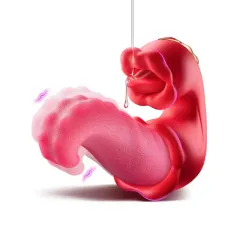 The Medusa rose red vibrator angled to highlight its ergonomic curved grip