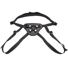 Full harness laid flat showing the waist strap and thigh straps with slide buckles