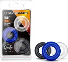 Three-piece donut cock ring set in black blue and white with blister pack packaging