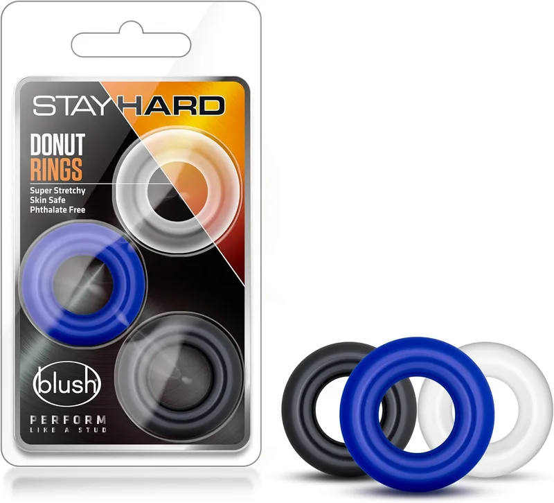 Three-piece donut cock ring set in black blue and white with blister pack packaging