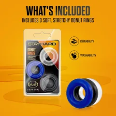 Blister pack containing three soft stretchy donut rings with durability and washability icons