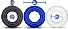 Size guide comparing the black blue and white donut rings by thickness and diameter