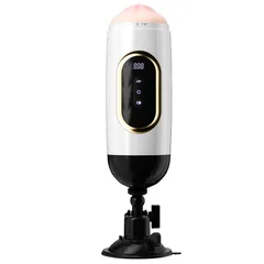 Masturbator standing on its hands-free suction cup base with LED display lit on the control panel