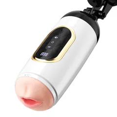 Angled close-up of the masturbator's open mouth TPE opening and illuminated LED intensity display