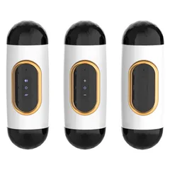 Three side-by-side views of the white masturbator showing voice power and intensity button layouts