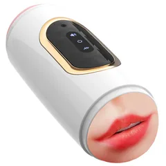 White and gold dual-ended vibrating masturbator showing the oral opening and voice control panel