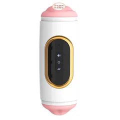 Upright view of the white vibrating masturbator with gold-trimmed panel and soft TPE openings at both ends
