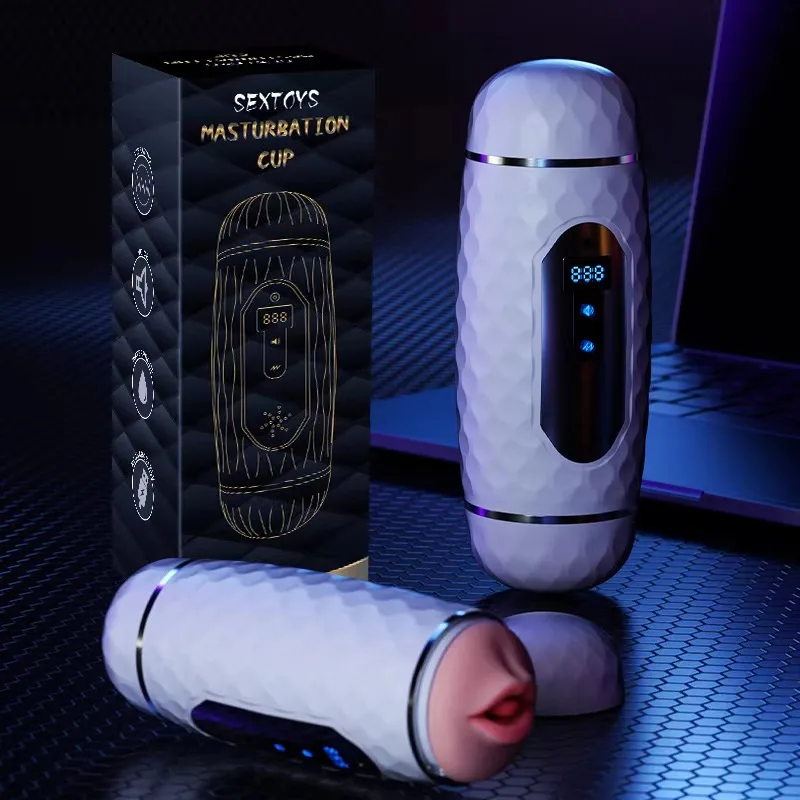 Dual-head counting masturbator standing beside its black retail box with the sleeve in front