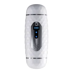 Front view of the white dual-head electric masturbator showing the LED display and control keys