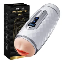 Black masturbation cup retail box next to the white dual-head masturbator