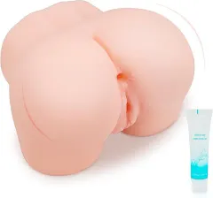 Butt masturbator shown with the travel-size lubricant tube included in the pack