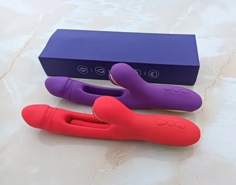 Dual stimulation rabbit vibrator with rabbit-ear clitoral stimulator in soft silicone