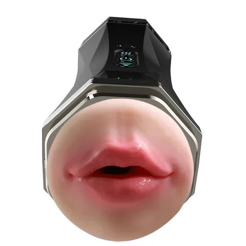 Close-up of the dual-ended vibrating masturbator showing TPE texture and ABS shell