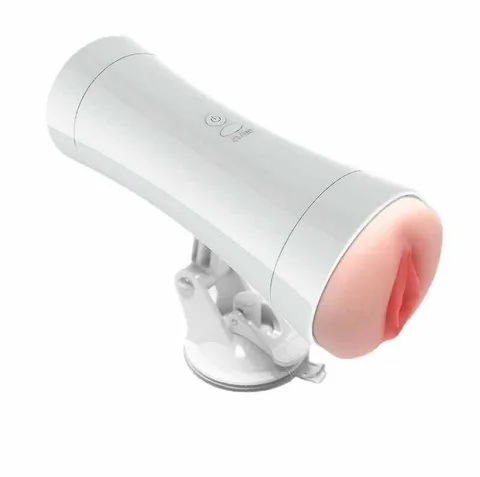 Dual-hole vibrating masturbator with mouth and vagina ends standing on its suction-cup base