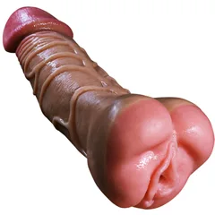 Sleeve base with sculpted testicles and the vulva-shaped entry facing the camera