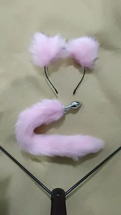 Furry animal tail anal plug collar set laid out with ear headband