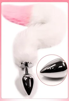 Pink and white fox tail anal plug with a polished metal plug and a curled faux fur tail