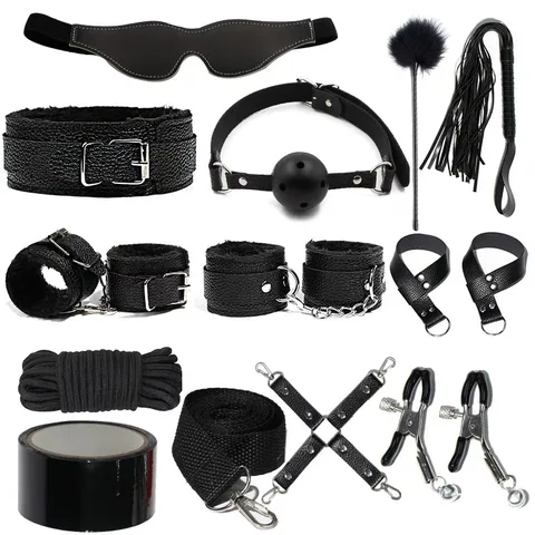 Black 14-piece BDSM bondage kit with fur-lined cuffs