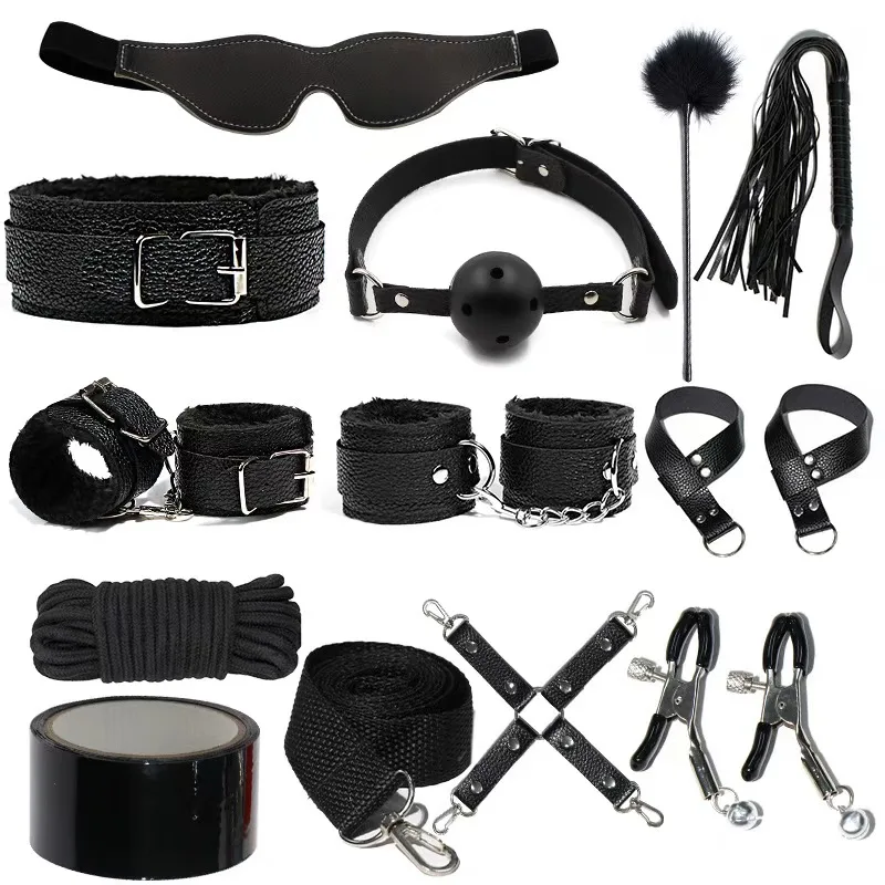 Black 14-piece BDSM bondage kit with fur-lined cuffs
