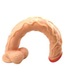 The long dildo bent into a full arch to show how far the flexible shaft will curve
