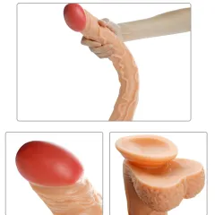 Close up of the lifelike glans and the powerful suction cup base of the dildo