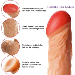Feature graphic of the dildo showing G spot glans veined shaft testicles and suction base