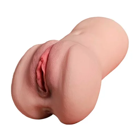Side profile of the flesh-toned mini torso masturbator showing dual entrance