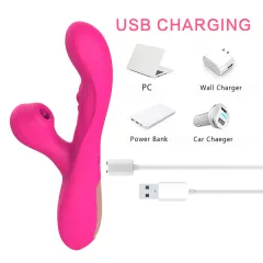 Silicone sucking rabbit vibrator charging via USB magnetic cable on a stand