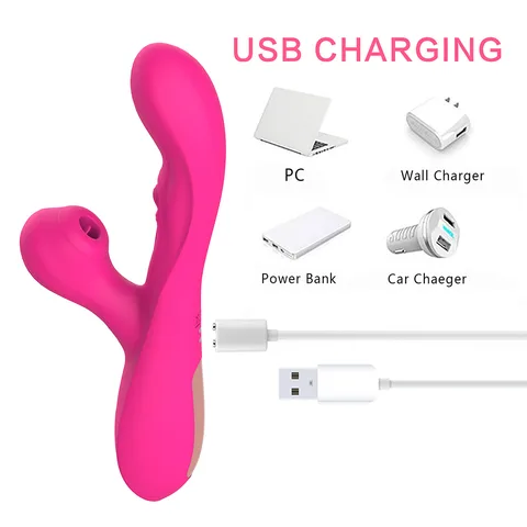 Silicone sucking rabbit vibrator charging via USB magnetic cable on a stand