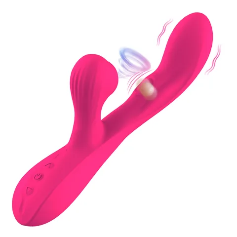 Rose red V-shaped sucking rabbit vibrator with curved shaft and flapping wing
