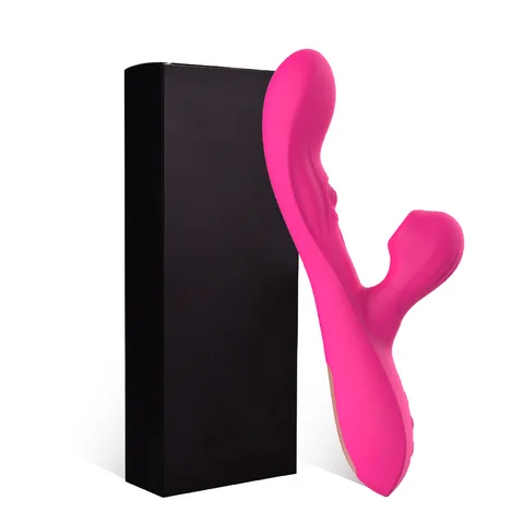 Rose red sucking rabbit vibrator displayed alongside its black gift box