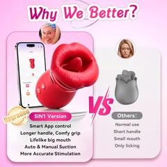 Compact body of the red licking vibrator resting in one hand