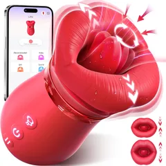Red big-mouth licking vibrator with open suction mouth and long handle
