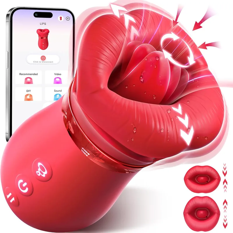 Red big-mouth licking vibrator with open suction mouth and long handle