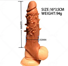Flesh-tone liquid silicone spiked penis sleeve with soft spikes across the shaft and sculpted testicle base