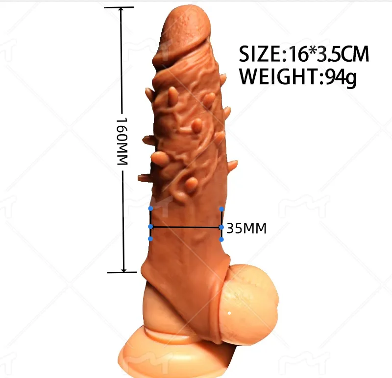 Flesh-tone liquid silicone spiked penis sleeve with soft spikes across the shaft and sculpted testicle base