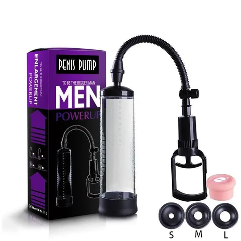MEN POWERUP manual vacuum penis pump with clear tube and black T-handle grip pump