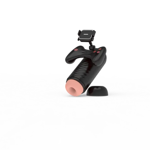 Black masturbation cup beside its dome-shaped base and protective cover