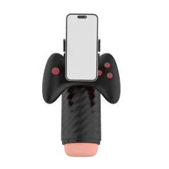 Black masturbation cup rear view showing red button controls and controller-style handle