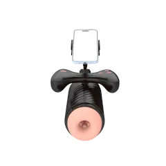 Black automatic masturbation cup top view with phone holder and textured outer shell