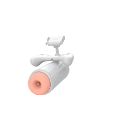White automatic masturbation cup hero shot on dark background with phone holder and suction opening