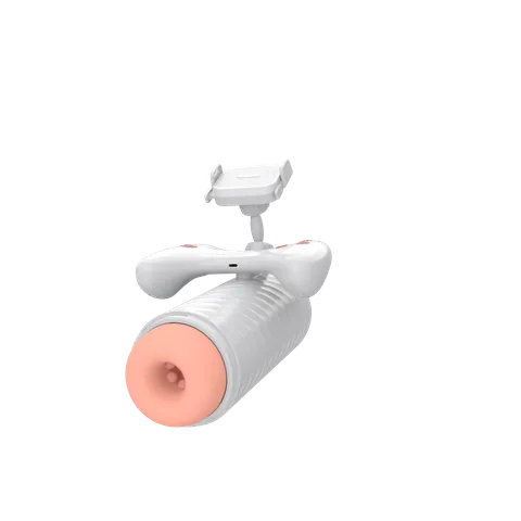 White automatic masturbation cup hero shot on dark background with phone holder and suction opening