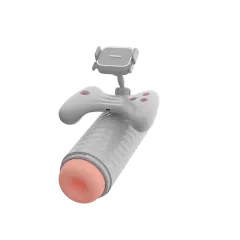 JieHuo automatic masturbation cup in white with built-in phone holder and soft elastomer sleeve