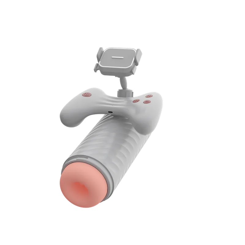 JieHuo automatic masturbation cup in white with built-in phone holder and soft elastomer sleeve