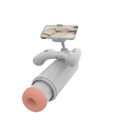 Automatic masturbation cup with phone holder clamped in place for hands-free viewing