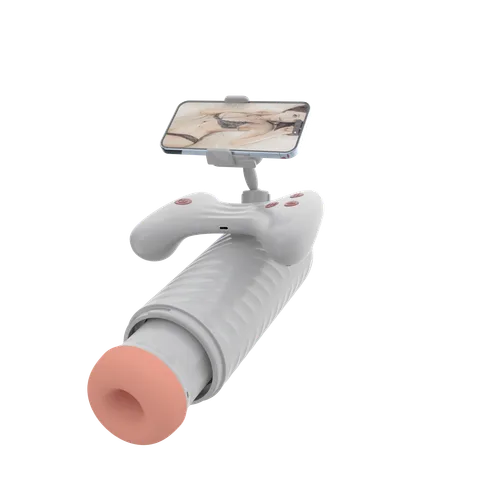 Automatic masturbation cup with phone holder clamped in place for hands-free viewing