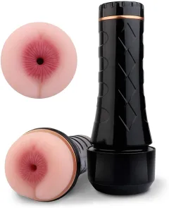 Handheld flashlight-style masturbator cup with rear suction intensity switch visible
