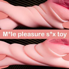 Close-up of realistic skin-like textured masturbator sleeve with ribbed outer design