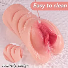 Realistic masturbator being cleaned under running water showing easy-to-clean anti-slip surface